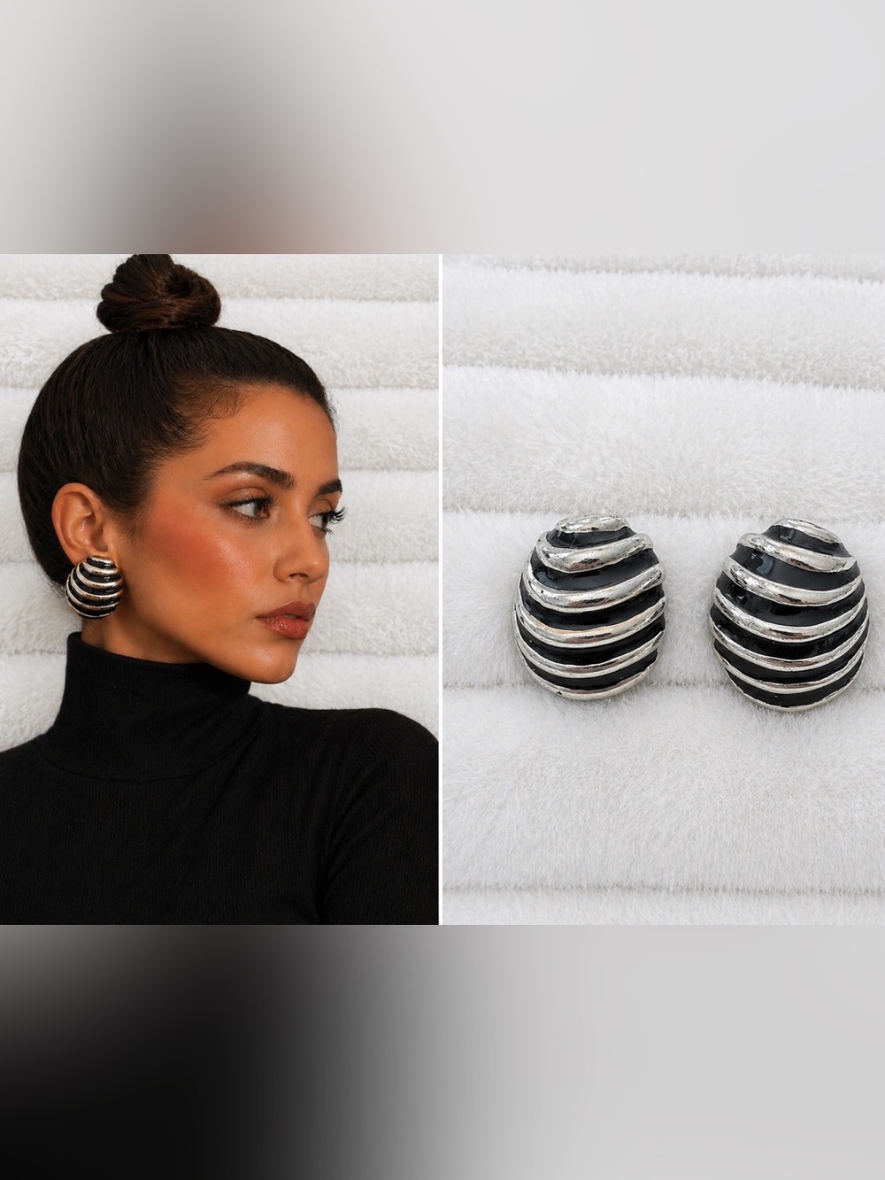 Vintage Dome Clip-On Earrings Silver Black Ribbed Bold Statement Retro Chic